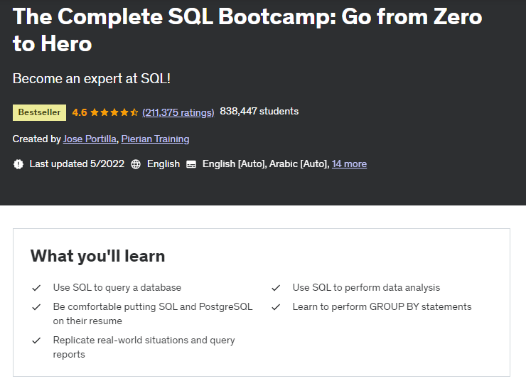 Top SQL Courses on Udemy Based on Latest Student Reviews (2024)