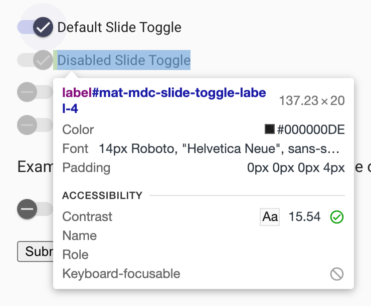 Slide Toggle label text has contrast of 15.54 when the toggle is disabled.