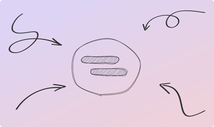 Arrows pointing to a central representation of design tokens