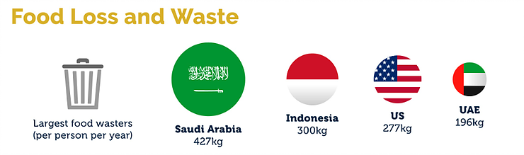 Amount of food lost and waste in saudi arabia, Indonesia, US, and UAE