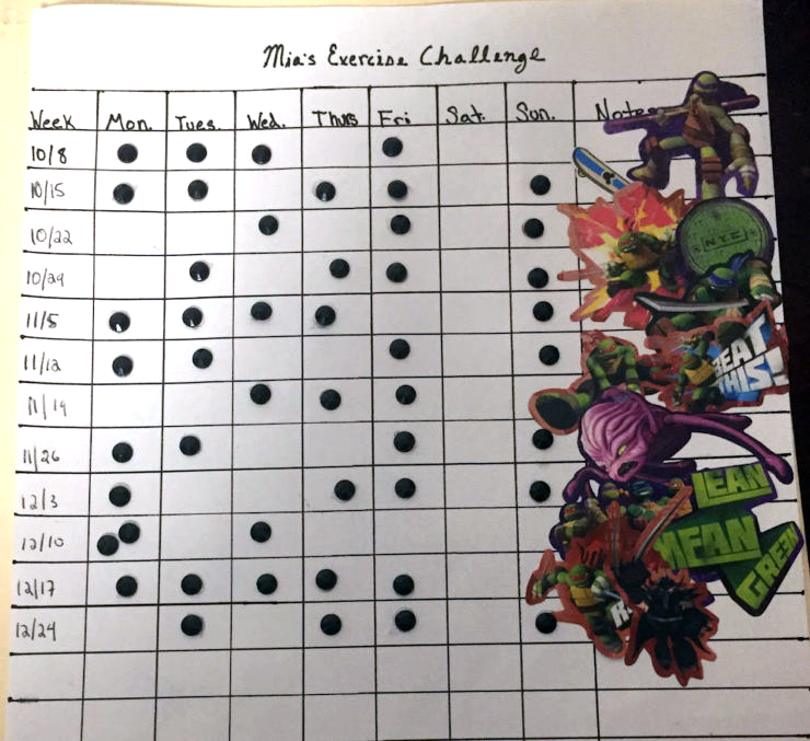My sticker chart to track my exercise goals for motivation