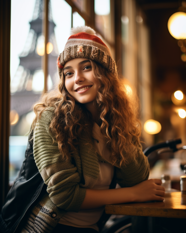 A woman in a Parisian café, with a warm, cozy & nostalgic atmosphere (generated by Midjourney)