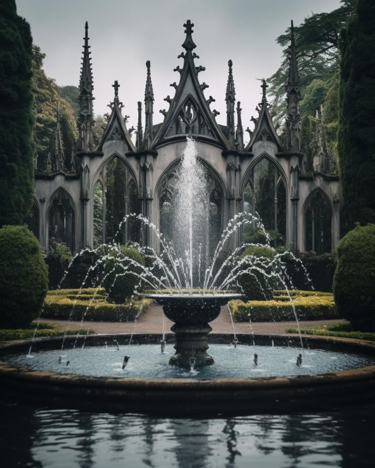A Gothic-style fountain in a European garden clicked using Leica M10-R camera (generated by Midjourney)