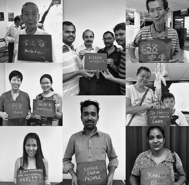 A collages of smiling faces holding up a blackboard of names of people why are thankful for