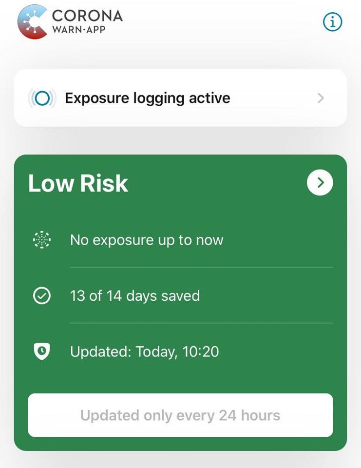 Screenshot of an app indicating no exposure to Coronavirus