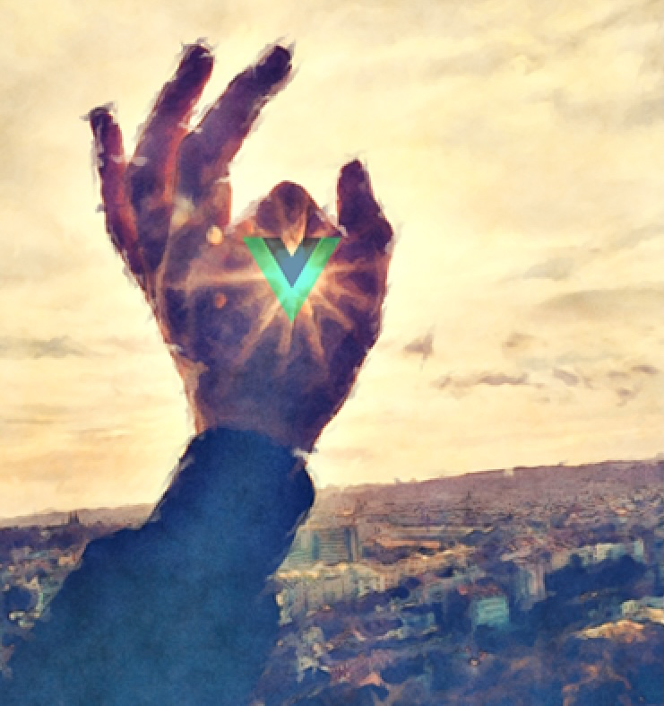 The VueJS logo set against the sunset, looking through a person’s hand.