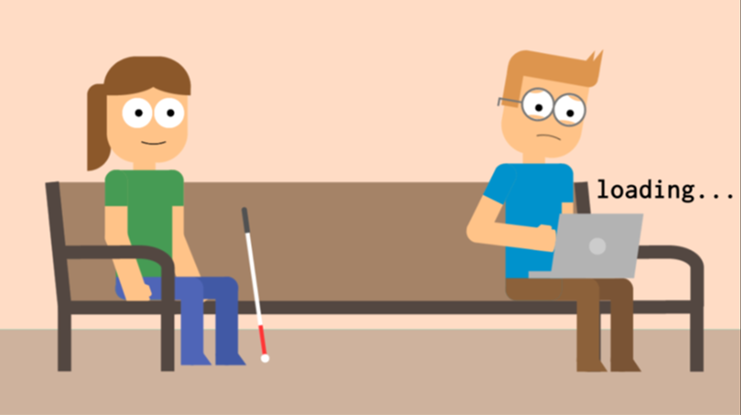 Blind person and person with laptop on a bench