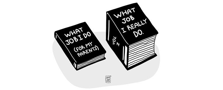 Illustrazione: due libri uno molto sottile e uno molto spesso, il primo si intitola “WHAT JOB I DO ( FOR MY PARENTS)” mentre il tomo si intitola “WHAT JOB I REALLY DO”.