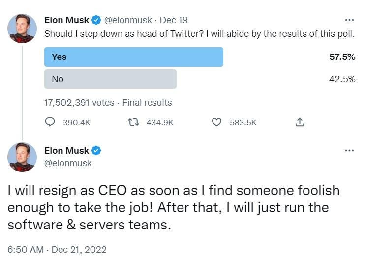 https://twitter.com/elonmusk/status/1604617643973124097?cxt=HHwWgoC91dvP38QsAAAA İşi alacak kadar aptal birini bulur bulmaz istifa edeceğim. Ondan sonra yalnızca yazılım ve sunucu departmanını yöneteceğim: https://twitter.com/elonmusk/status/1605372724800393216