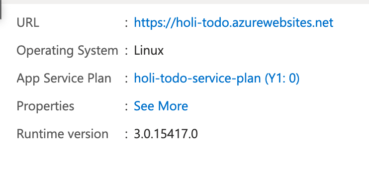 Azure Function App configuration screenshot with the public url.