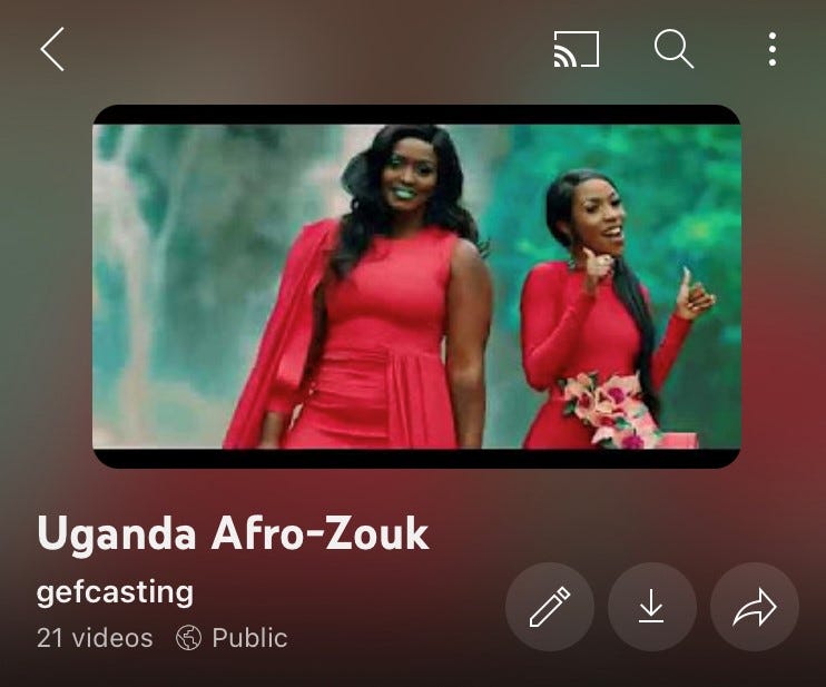 screenshot of a playlist of Ugandan Afro-Zouk music featuring a screen-grab of singers Winnie Nwagi and Vinka in red dresses
