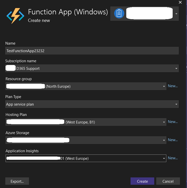 Visual Studio screenshot showing image containing selections for creating a new function app in azure