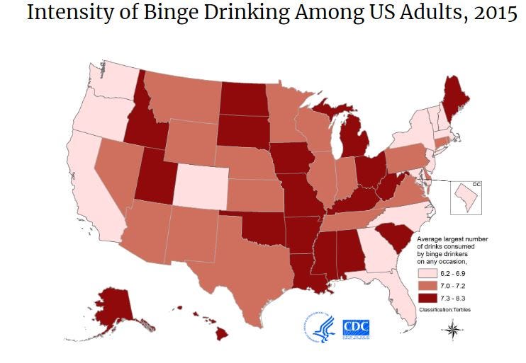 2015 CDC Map of Binge Drinking intensity by state — significant dark red Louisiana, Mississippi, Alabama, Missouri, Iowa