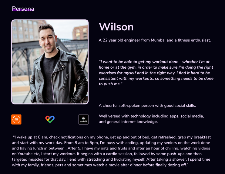 The persona-Wilson is displayed along with his description, quote, routine and brands he uses.