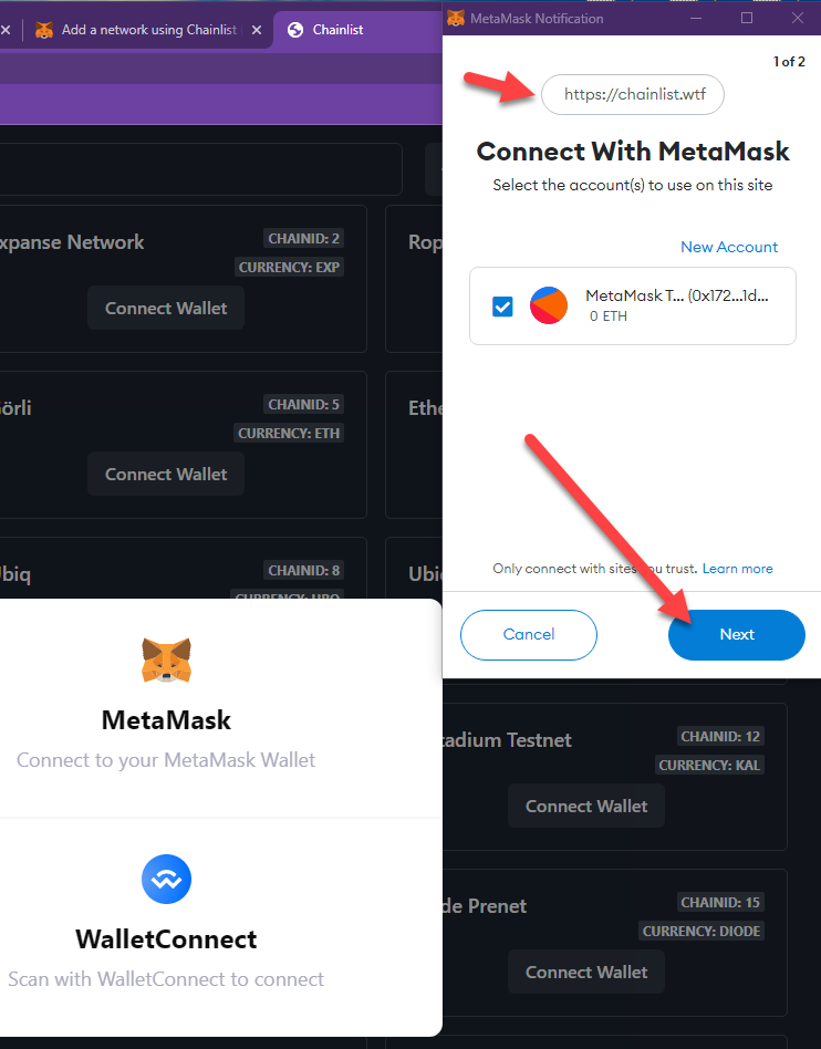 Press next on your MetaMask widget so that you can connect to chainlist site