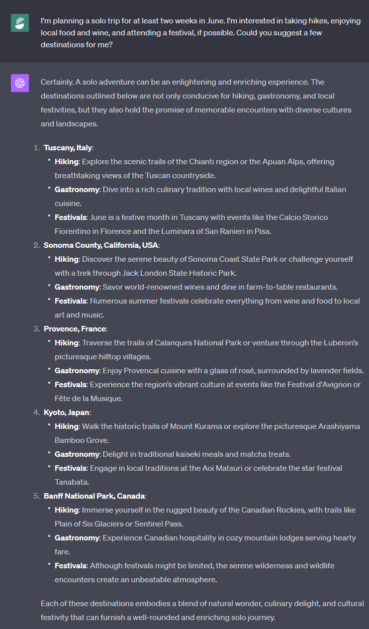 ChatGPT gives destination suggestion for a solo travel