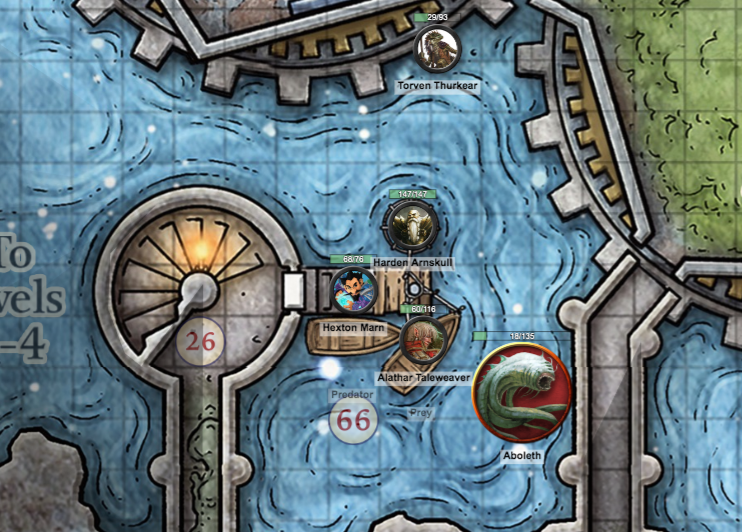 Adventurers fight a monster on a dock over water.