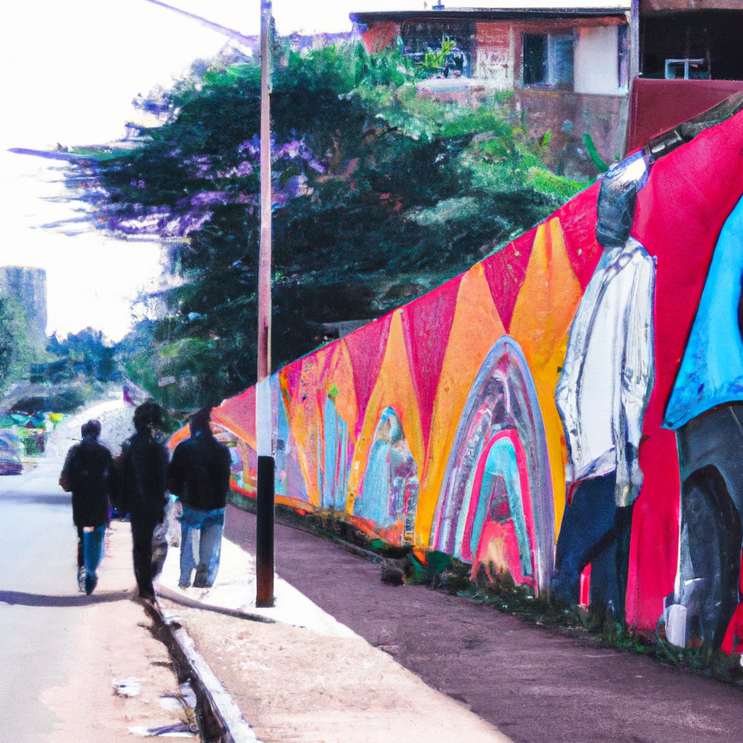 AI generated picture of a street depicting art on the walls on the right of the pavement as three passers-by walk past.