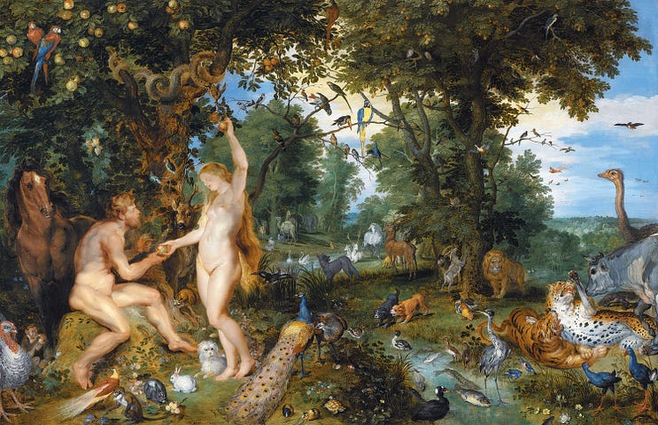 The Garden of Eden with the Fall of Man by Peter Paul Rubens and Jan Brueghel the Elder. This painting depicts Adam and Eve in a lush, idyllic garden, symbolizing innocence and purity before the fall.