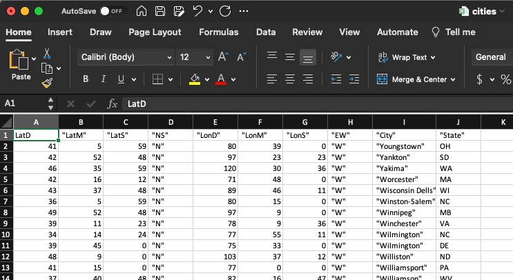 CSV file open in Microsoft Excel