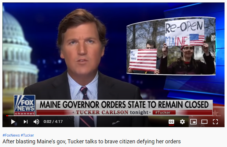 Screenshot of a Tucker Carlson segment titled “After blasting Maine’s gov, Tucker Talks to brave citizen defying her orders”.