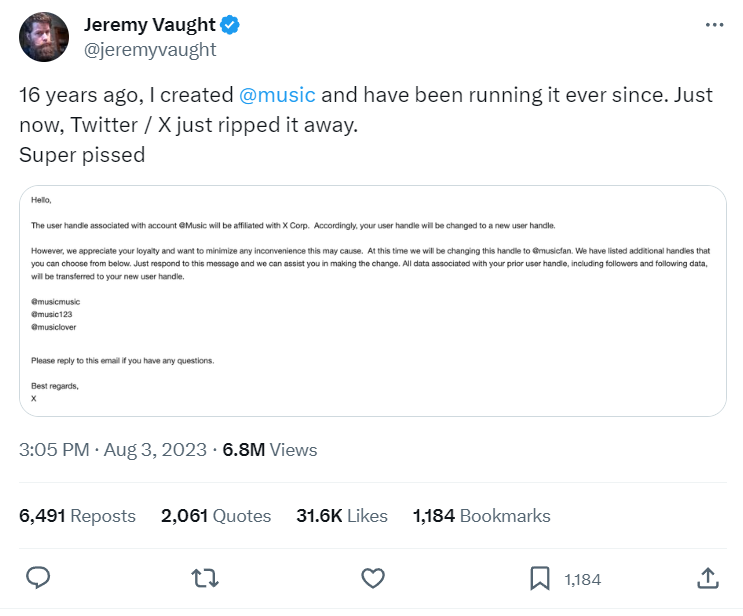 Jeremy Vaught posting on X about losing the @music handle