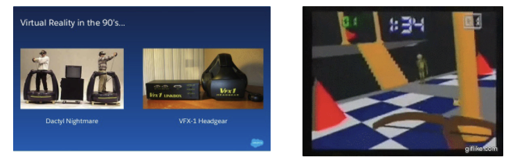 images of VFX 1, early virtual reality hardware, and a screenshot from Dactyl nightmares