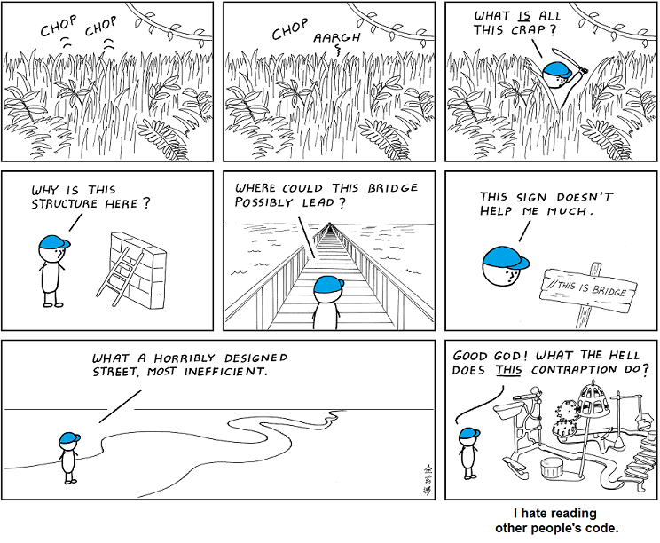 Multi-paned comic illustrating why one might hate reading other people’s code (e.g. having to navigate through a bunch of crap, finding unused structures, running into useless comments, discovering inefficiently designed code, and discovering complex, unintuitive contraptions).