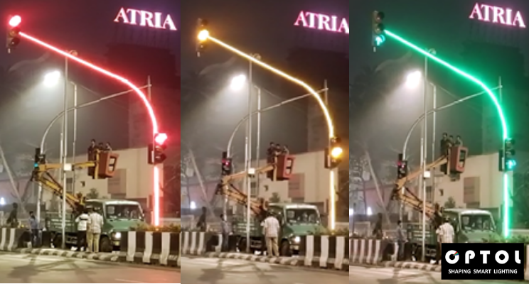 There are three traffic lights where the entire structure which has the lights is also covered with LED which will glow the color of the signal.