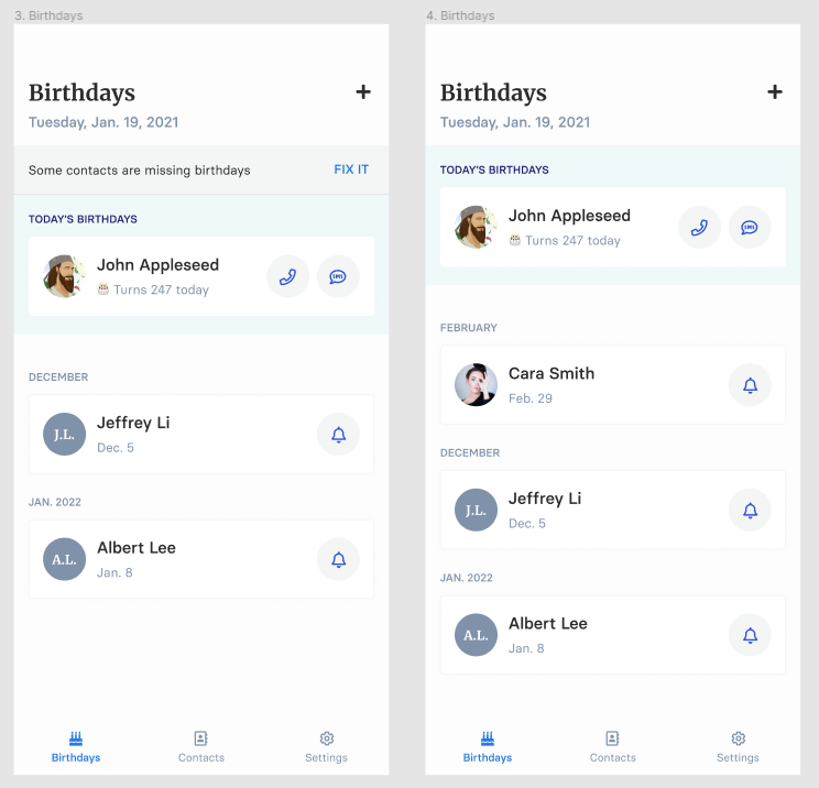 Screenshots of the Birthdays tab with incomplete contacts and without incomplete contacts from V1.
