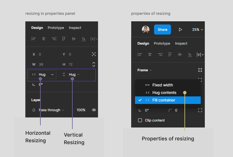 Image showing resizing properties inside Figma