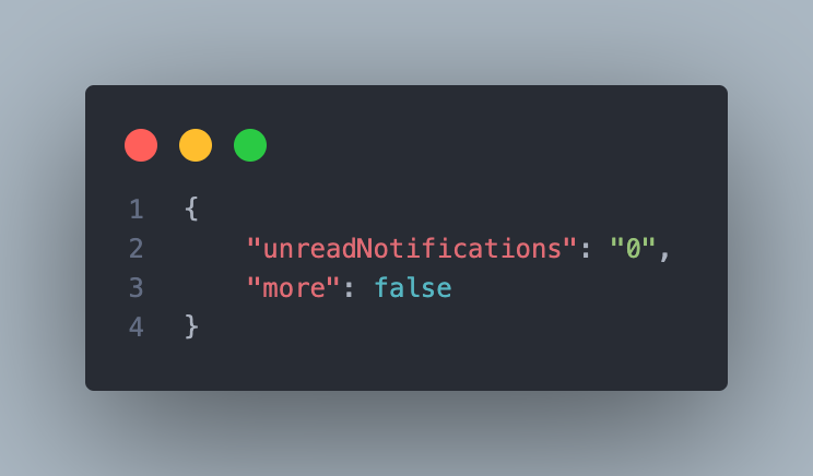 An API response for our notifications service with the unread notifications with a value of 0and more in false