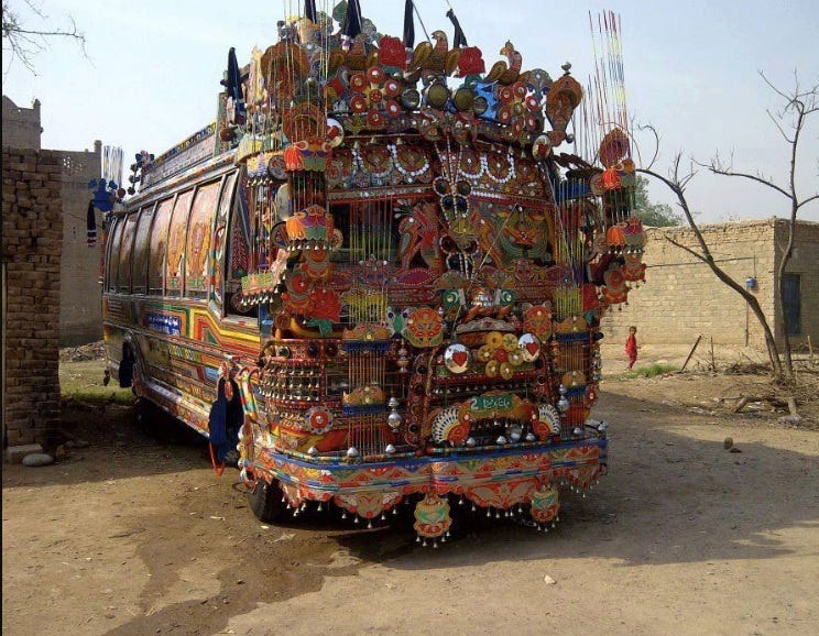 Elaborately decorated bus in India.