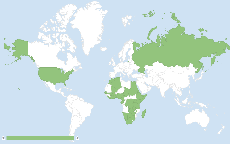 A map of the world, with certain countries highlighted in green. They include most of Africa, the USA, and Russia.