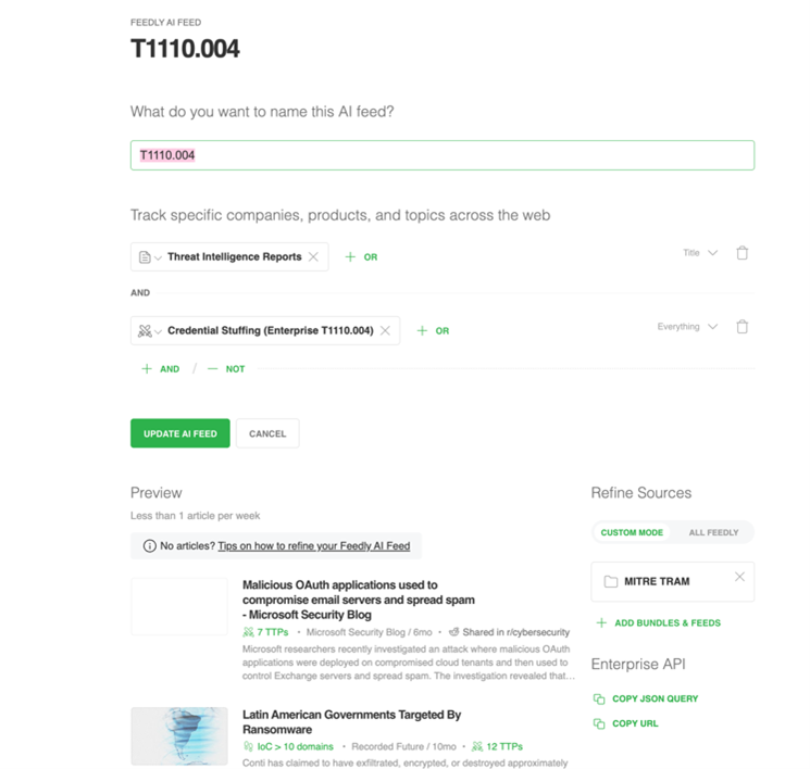 Figure 9: In this image, we are using Feedly AI to try and search for threat intelligence reports that may contain the ATT&CK technique T1110.004 to help find more positive examples for that technique.