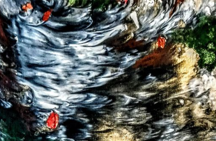 Impressionist abstract of water and red leaves