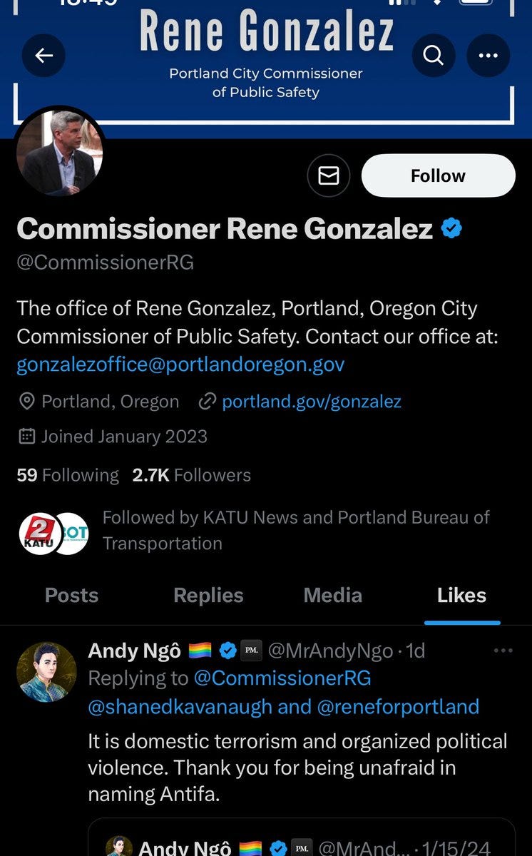 Image of tweet showing Rene Gonzalez liked an Andy Ngo tweet describing local anti-fascist acitvists as domestic terrorists