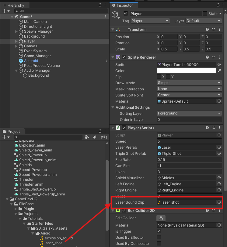 Screenshot of Unity hierarchy demonstrating adding the audi asset to the Player C# script