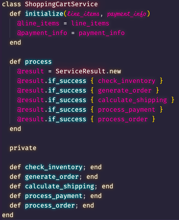 ShoppingCartService class, with one public `process` method that calls a series of private methods each in an if_success block.