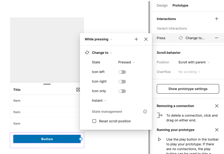 A button component is selected within a bottom sheet component, and there is an embedded prototype interaction in the button component shown in the design panel in Figma