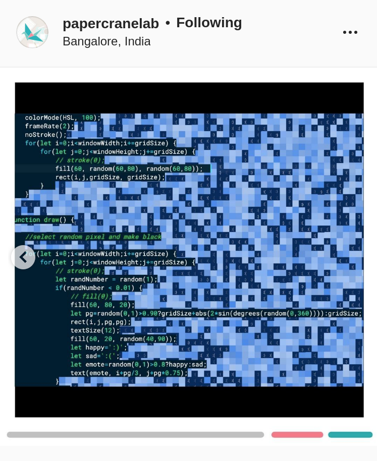 A screengrab of @papercranelab’s Instagram page showing a screengrab of the CC Sante creative coding session. The image shows coding overlaid on a pixelated background of various shades of blue.