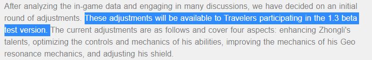 Text taken from MiHoYo’s announcement “These adjustments will be available to Travelers participating in the 1.3 beta test”