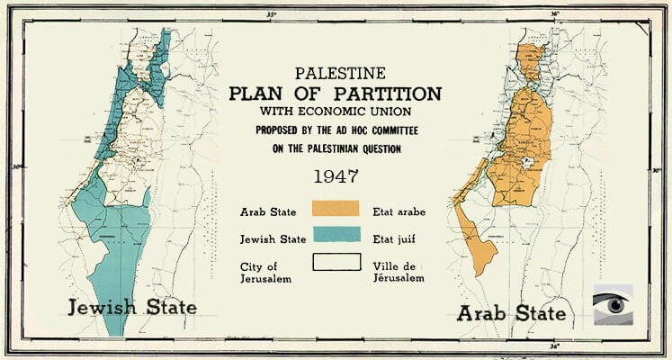 A imagem é um antigo mapa político delineando o “Plano de Partilha da Palestina com a União Econômica para a Questão Palestina, 1947”. O mapa demarca as áreas propostas para o “Estado Árabe” e o “Estado Judeu”, bem como designa a “Cidade de Jerusalém”. Várias seções do mapa são marcadas para distinguir adequadamente essas diferentes regiões. Trata-se do plano de perpetuar a colonização na Palestina após a saída dos britânicos do território.