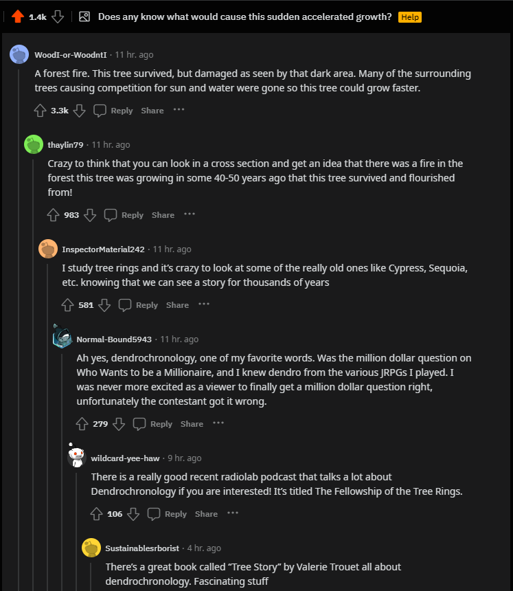 A screen capture from the subreddit r/woodworking showcasing various comments under a post discussing the cause of sudden accelerated growth in tree rings. The top comment by Wood-If-or-Woodn’t, highly upvoted with 3.3k points, suggests a forest fire could be the reason. Subsequent comments reflect users’ fascination with dendrochronology and the stories told by tree rings. References are made to resources on the topic, including a radiolab podcast and a book titled “Tree Story.” [Alt text by AL