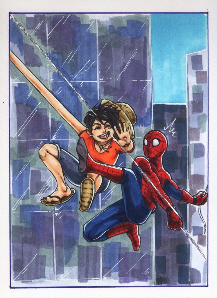Luffy and Spiderman hanging out