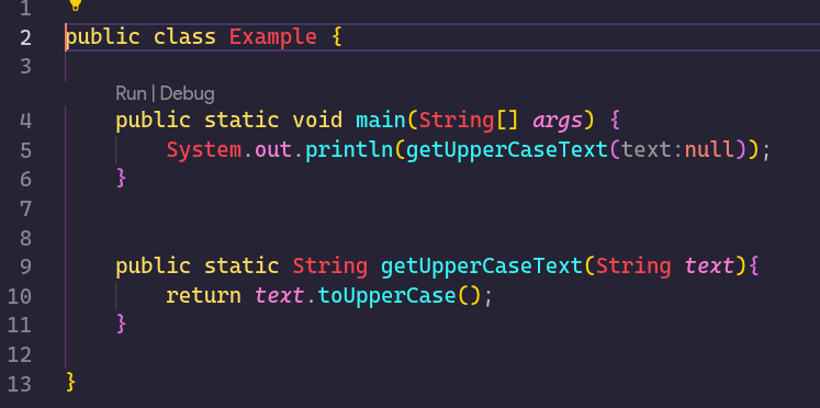 Screenshot of java code that deliberetly parsing null to the getUpperCaseText function