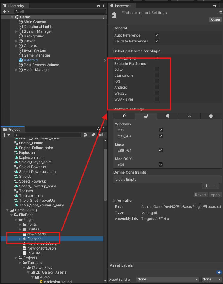 Screenshot of the Unity Inspector showing Filebase and Exclude Platforms option highlighted.