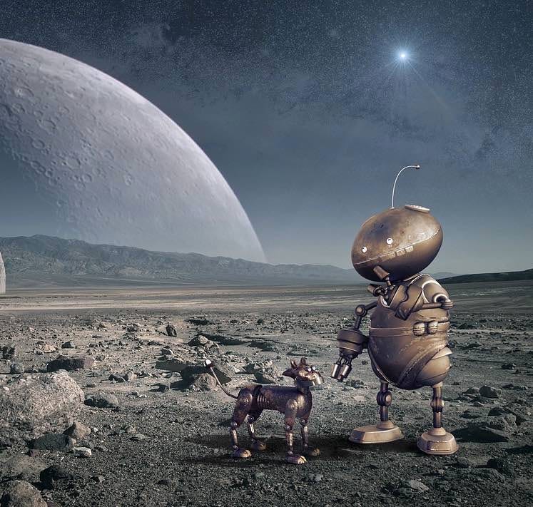 Robot on Mars looking at a robot cat