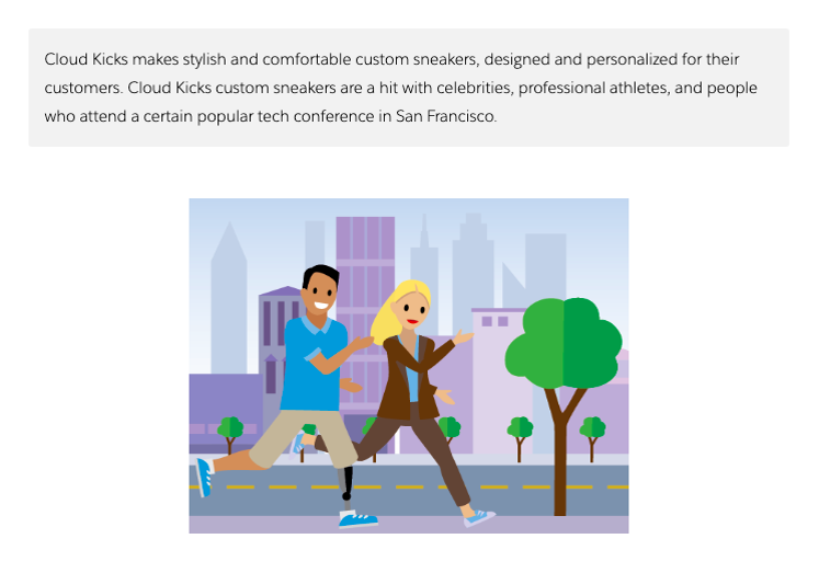 Fictional company Cloud Kicks description above an image of a man with prosthetic leg running with a women through a city.