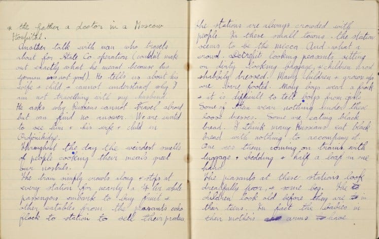 Handwritten diary entry across two pages in blue ink on lined paper.